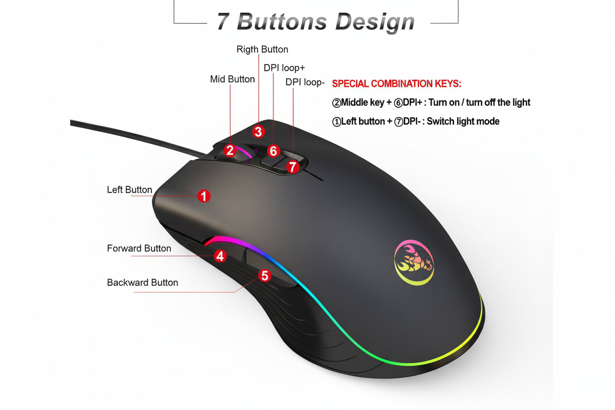 Souris gaming filaire RGB ergonomique 6400 DPI avec 7 boutons